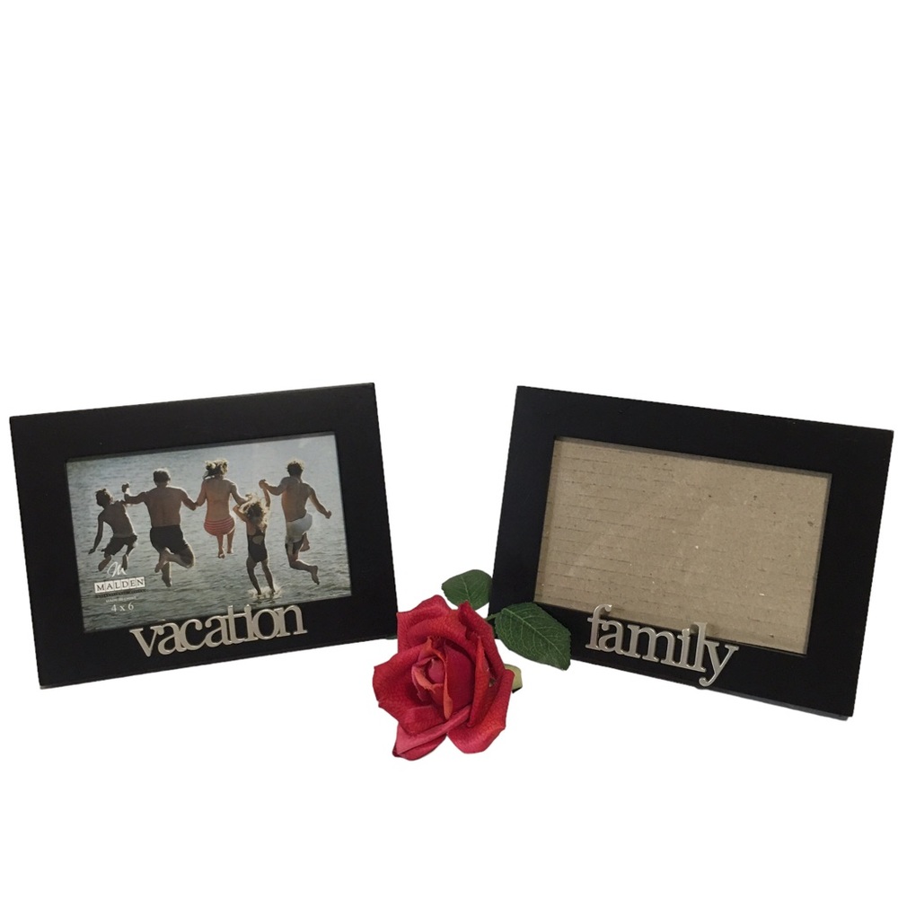 2 Black picture frames vacation & family frame 6X8 holds 4X6 pics EUC